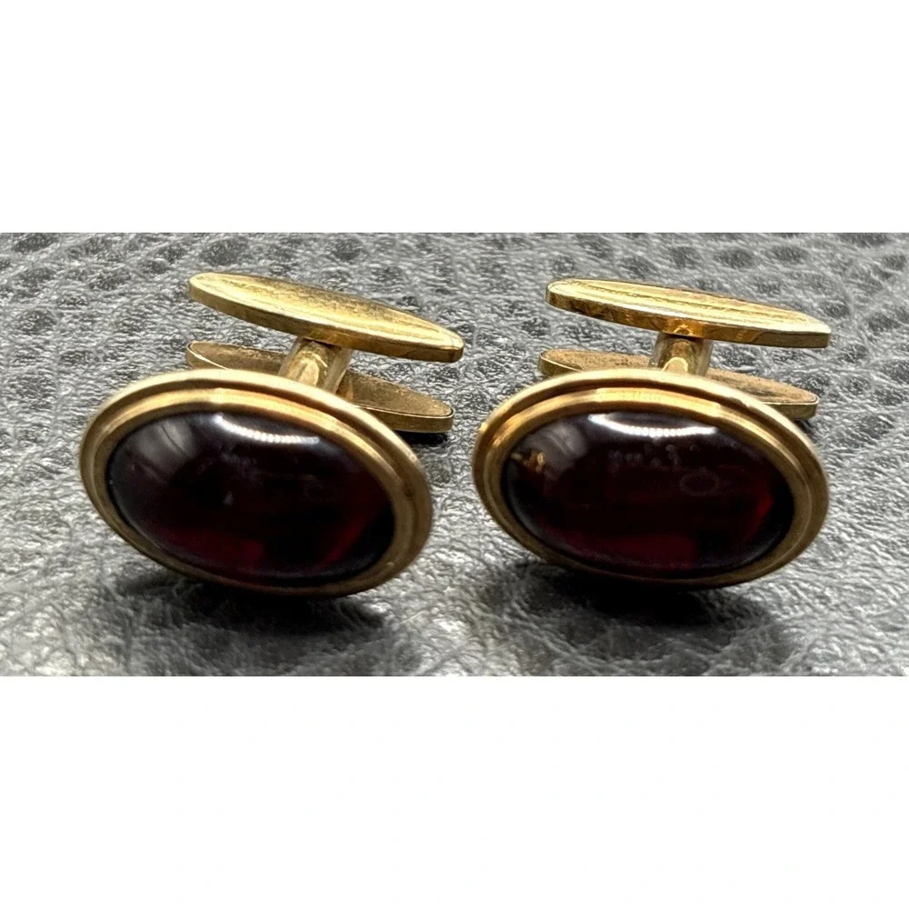 Vintage Simmons Deep Red Cabochon Glass Oval Cufflinks Gold Tone